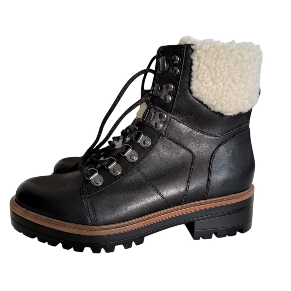 Marc Fisher Isabel Black Leather Combat Bootie Lug Sole Boots Fleece Size 6